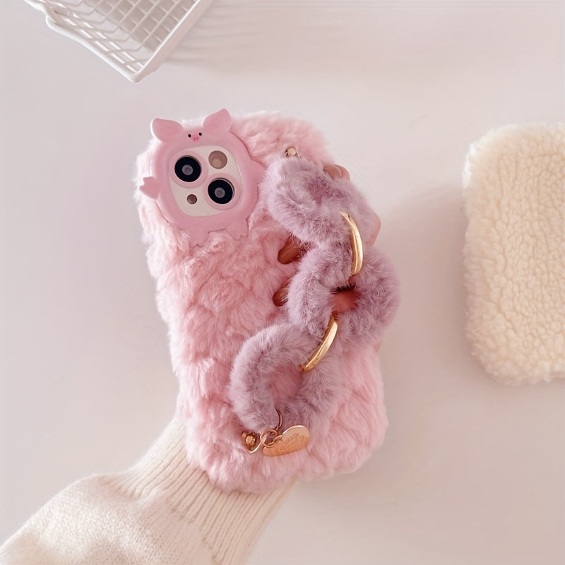 Plush Grid Wristband Lanyard Phone Case, Suitable for Apple 16/15 Pro Max/15 Pro/15/15Plus/14 Pro Max/14 Pro/14Plus/14/13 Pro Max/13 Pro/13 /12 Pro Max/12 Pro/12/11Pro max/11 Autumn and Winter Girl Plush Mobile Phone Protecti
